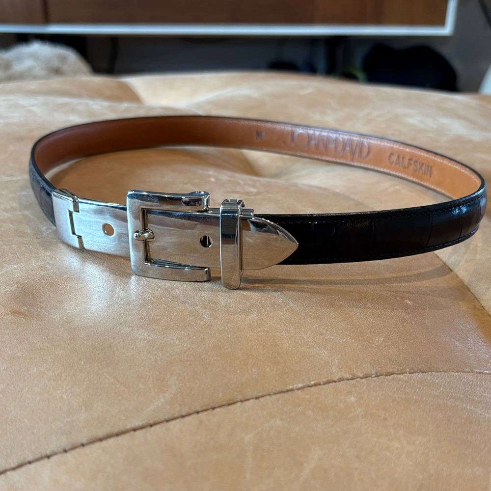 Joan & David Black Calfskin Leather Belt w Metal Fastening